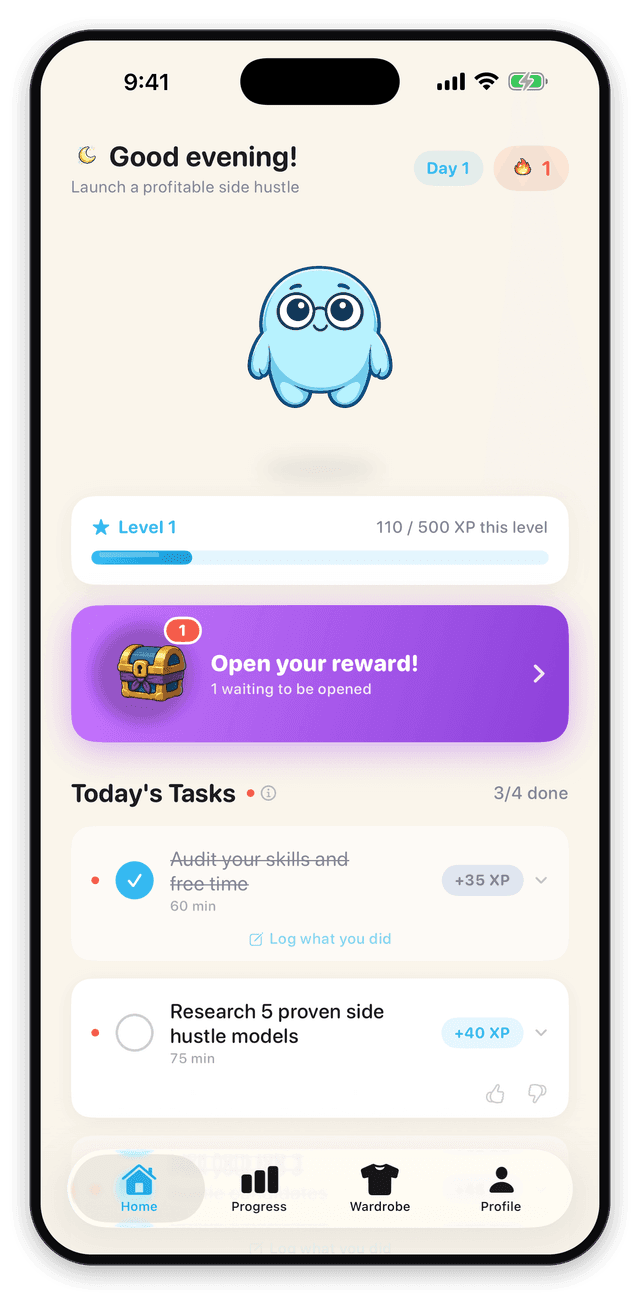 Dendedo home screen with daily tasks, XP and streak