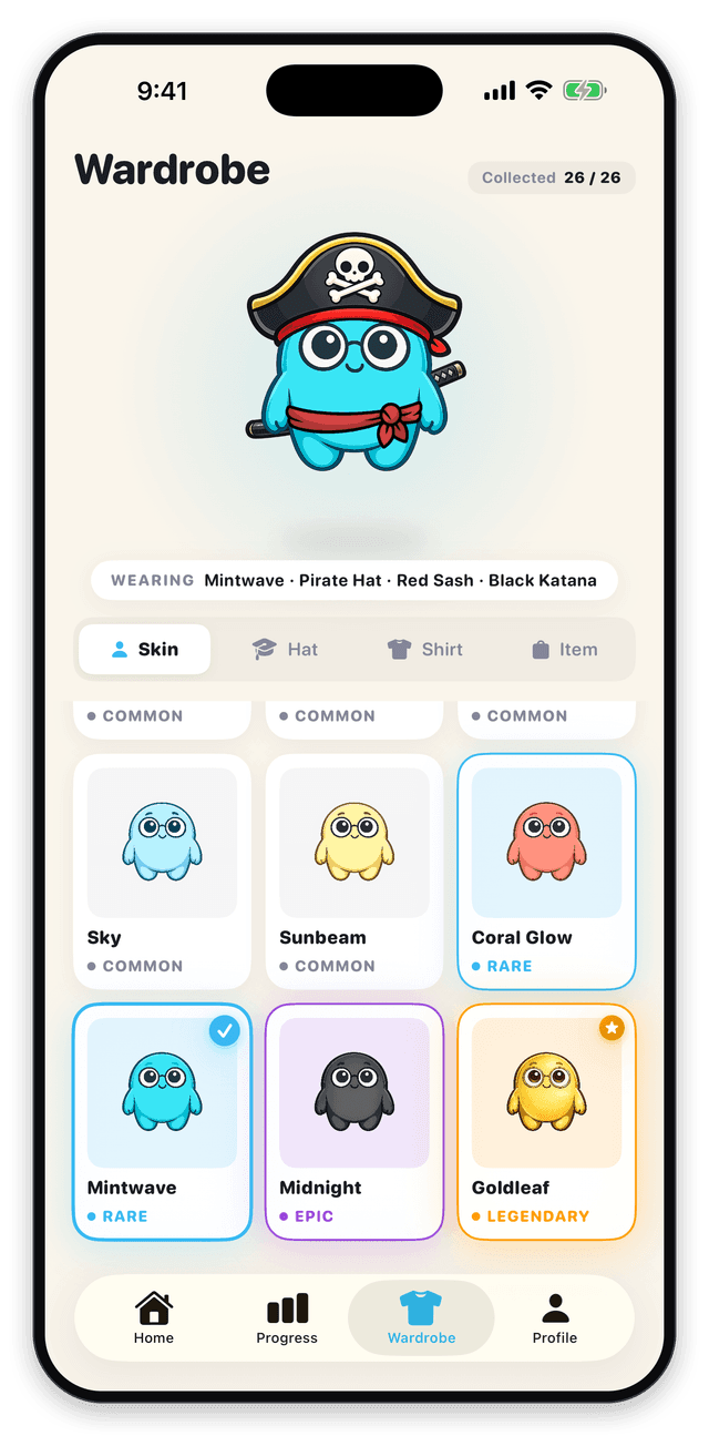 Dendedo wardrobe screen with collectible mascot skins